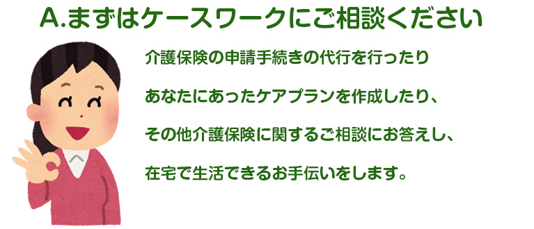 A.まずはケースワークにご相談ください　介護保険の申請手続きの代行を行ったり
あなたにあったケアプランを作成したり、
その他介護保険に関するご相談にお答えし、
		在宅で生活できるお手伝いをします。